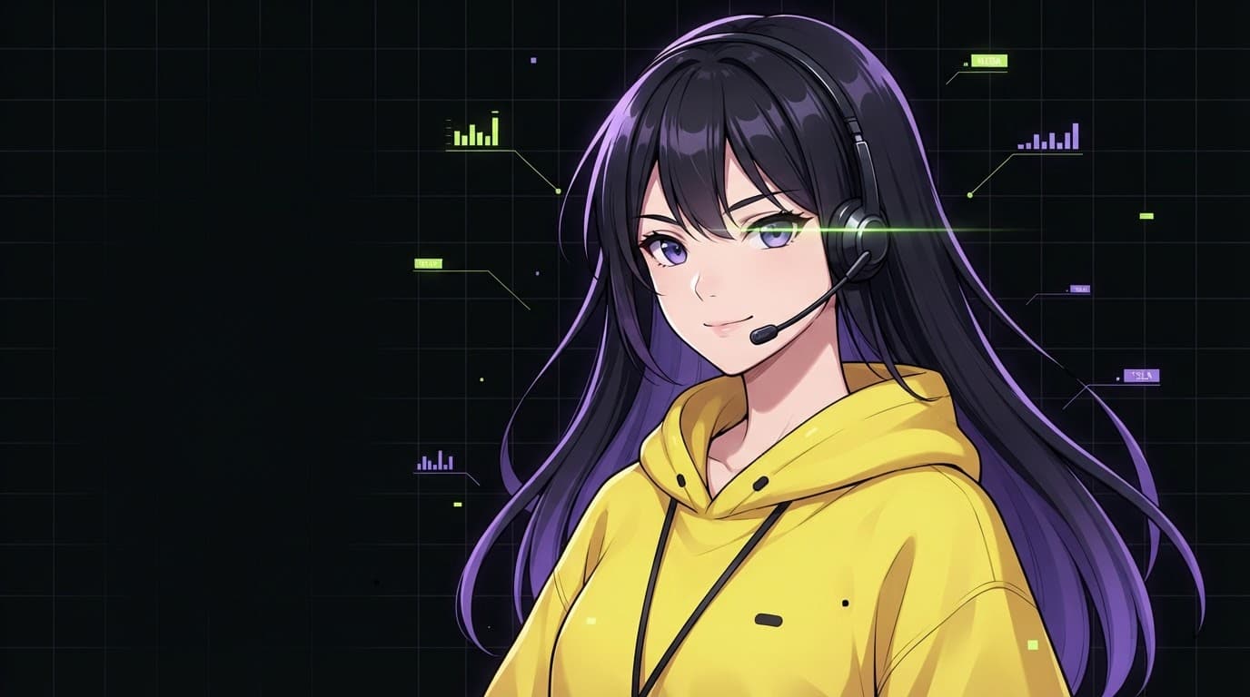 Lalita, an anime-style AI analyst in a yellow hoodie and headset, with a lime scan line across her eye